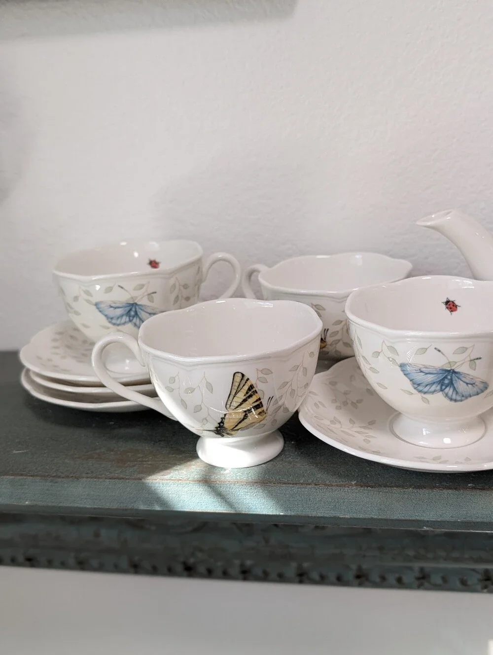 Vintage Lenox Butterfly Meadow Teapot with 4 Tea cups and Saucers 10 Pieces